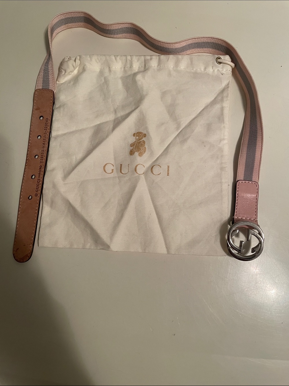 Gucci Pink and Gray Web Stripe Leather Belt with Silver Double G Buckle